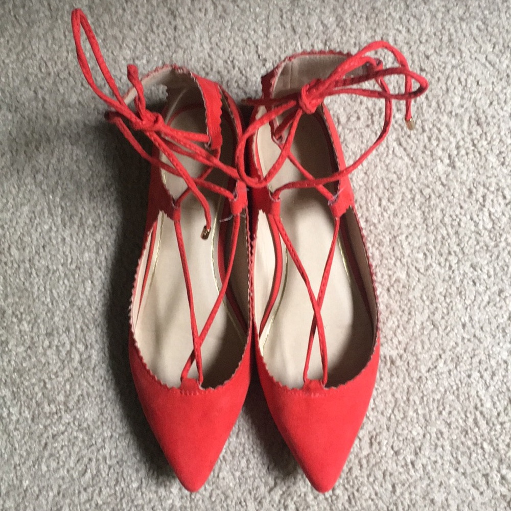 Topshop Red Faux Suede Lace Up Flats